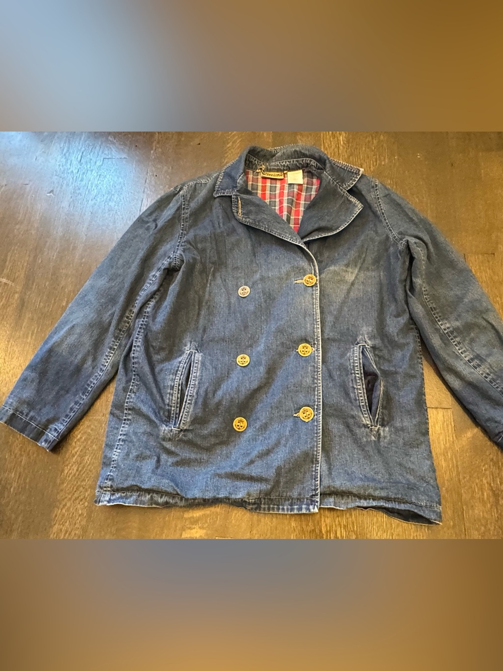 Vintage 90s Liz Claiborne Lizwear Denim Plaid-Lined Pea Coat - Size M